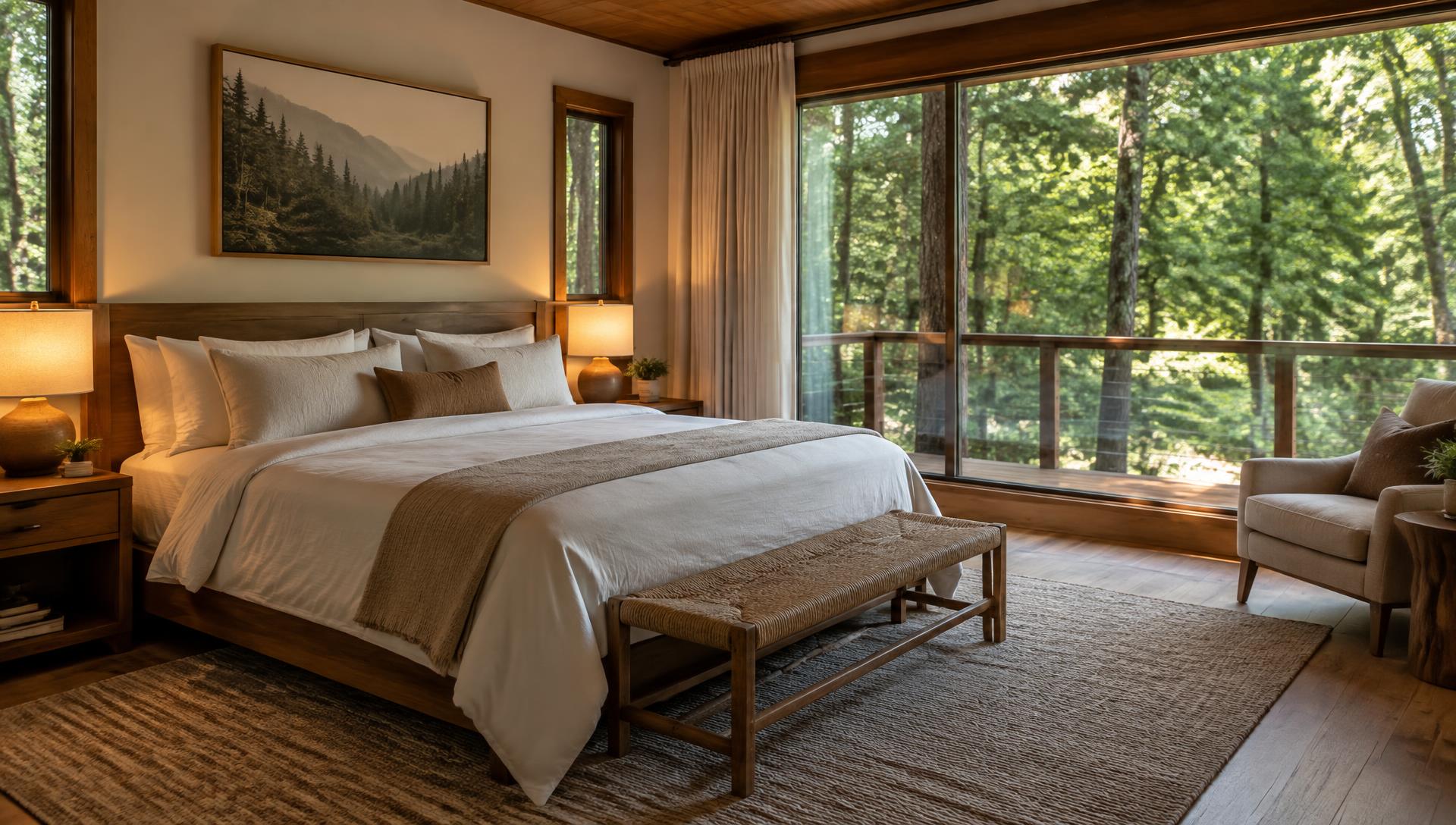 Premium cottage bedroom with a window opening to green forest